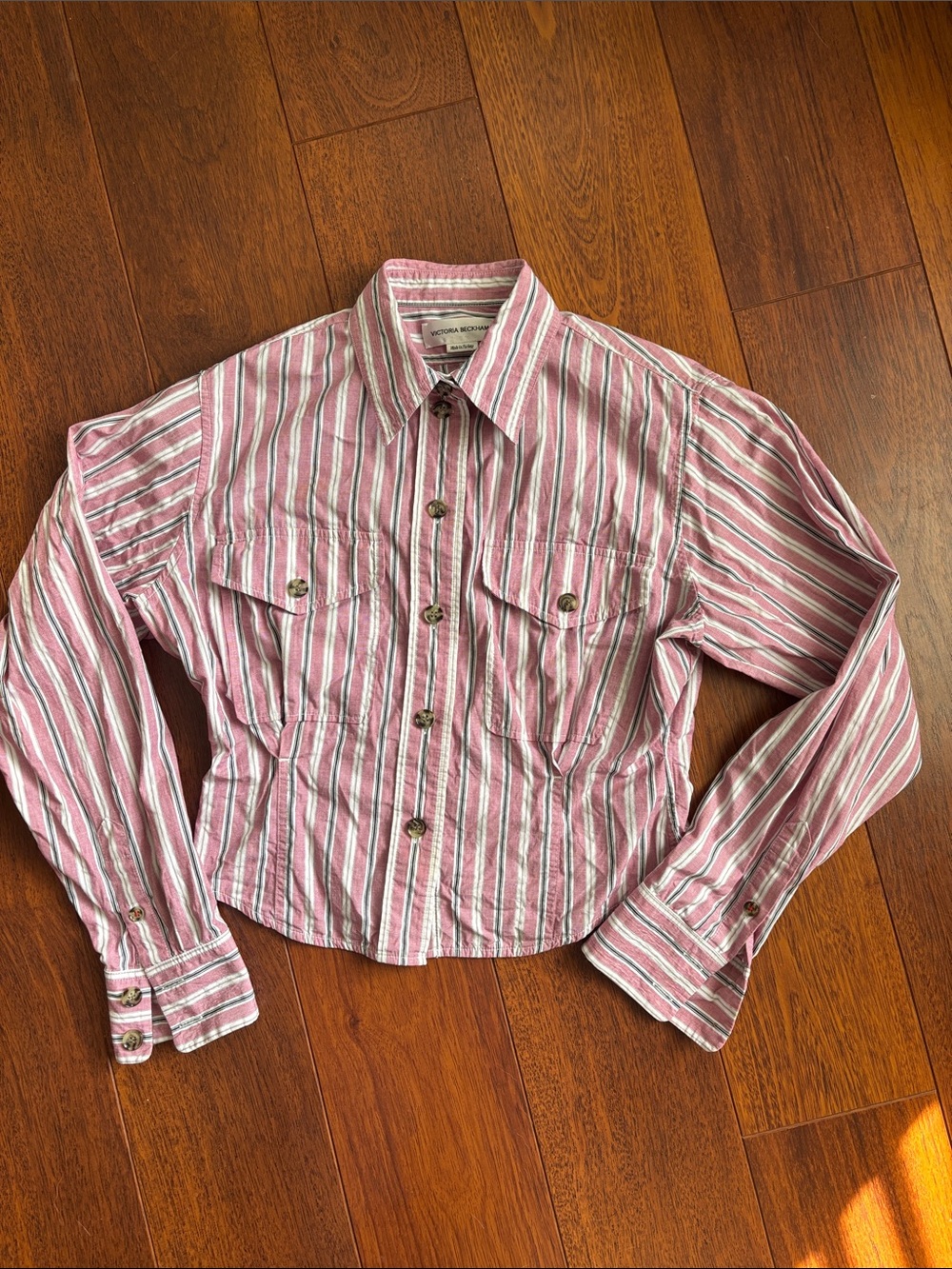Victoria Beckham Red, Black and White Striped Button-Front Poplin Shirt